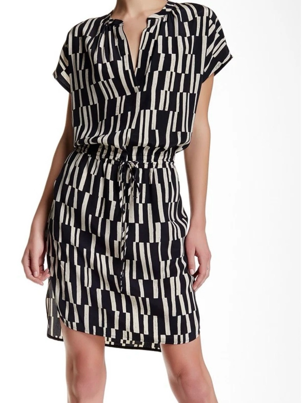 Vince 100% Silk Sleeveless Geometric Drawstring Shirt Dress